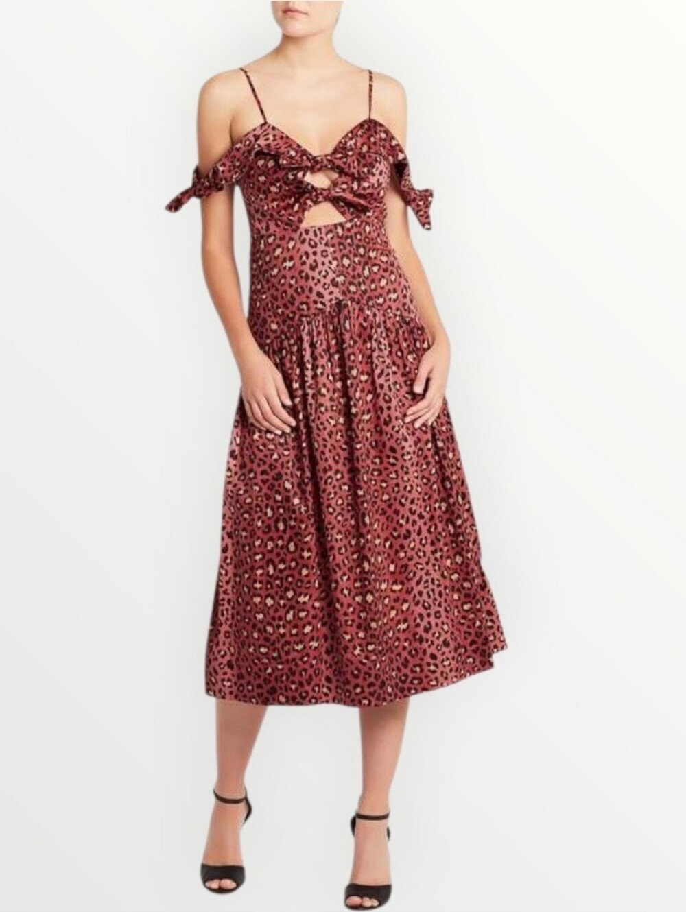 Rebecca Taylor Leopard Bow Dress Women's 2 Henna Cutout Off Shoulder Midi